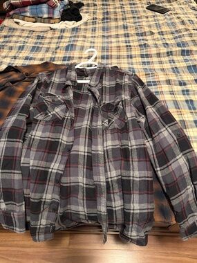 Silver Jeans Plaid Flannel Shirt Jacket - Gray, Black & Burgundy Accents